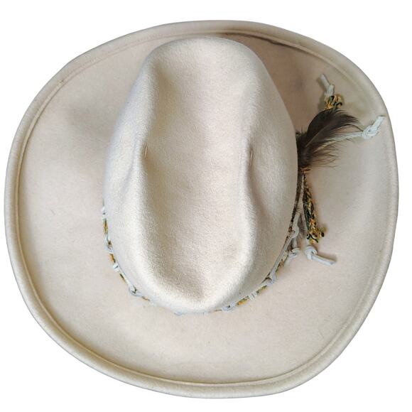 Tan Lancaster Wool Cowboy Western Hat Leather Rope Feather Hat Band Size 7 Women - Picture 9 of 10